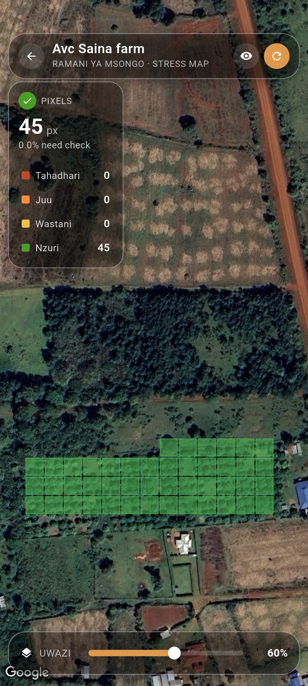 Stress map — Avc Saina farm, 45 spots, all Nzuri (good)